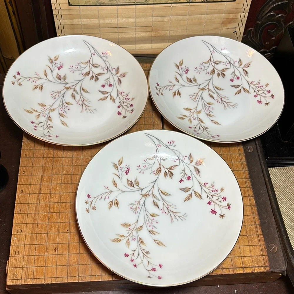 Meito Japan Porcelain Set 3 Shallow Bowls, 1 Sm Plate, Burgundy Lacquerware Box